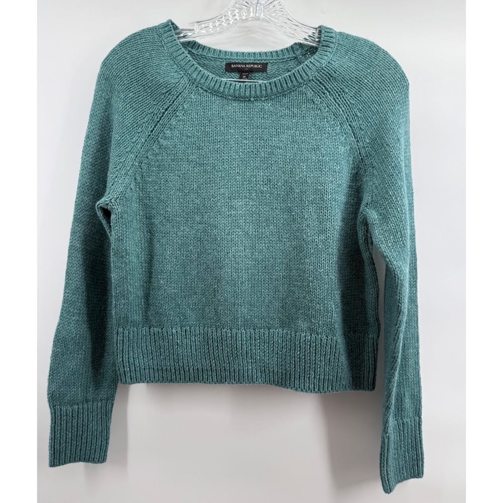 Banana Republic Petite M Teal Blue Marled Knit Crewneck Raglan Sweater Preppy